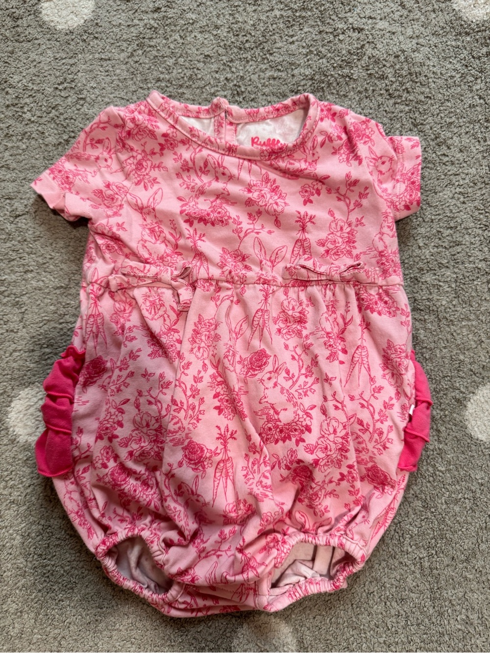 Ruffle Butts Pink Carrot and Rabbit Floral Bubble Romper with Ruffle Sides
